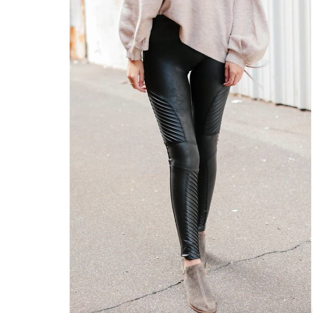 NEW Spanx Black Faux Leather Moto Leggings Medium